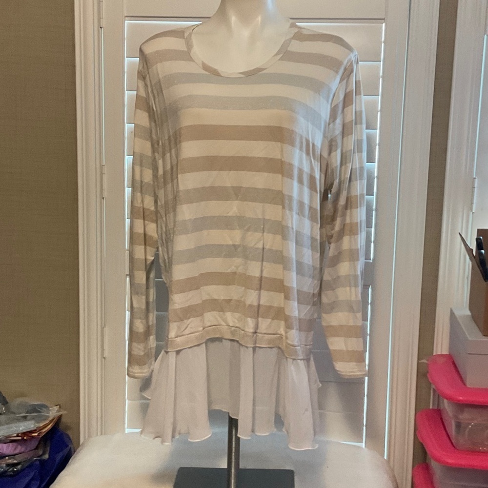 Cha Cha Vente Beige and White Striped Long Sleeve Top